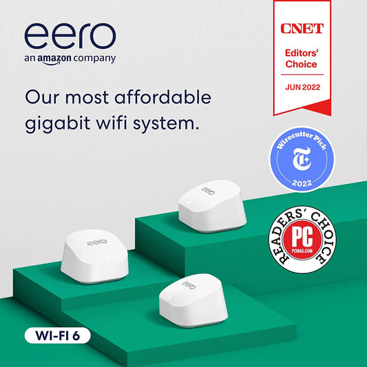 Amazon  6+ Mesh Wi-Fi Router | 1.0 Gbps Ethernet | Coverage up to 4,500 Sq. Ft. | Connect 75+ Devices | 3-Pack | 2022 Release