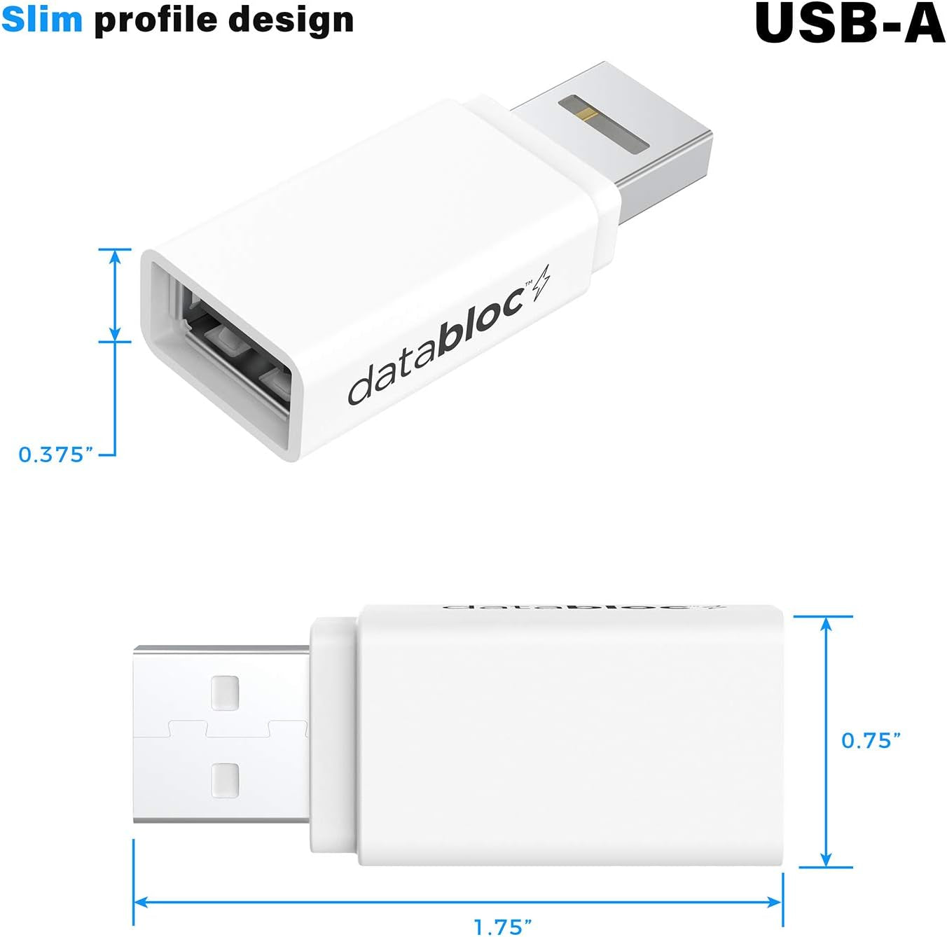 Databloc USB Data Blocker Adapter - Hacker Safe, Enhanced Data Protection - Easy Connection, Slim Profile - 2 Pack, White