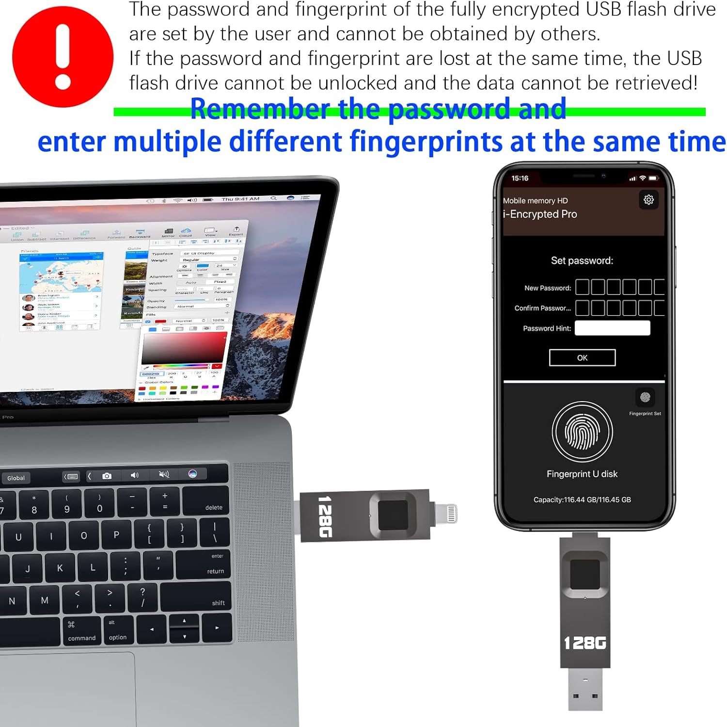 128GB Encrypted USB Drive,Fingerprint Flash Drive,Secure Password Protected U Disk, USB Memory Stick, USB Thumb Drive,Encryption Storage for Iphone/Ipad/Ipadmini/Mac/Pc