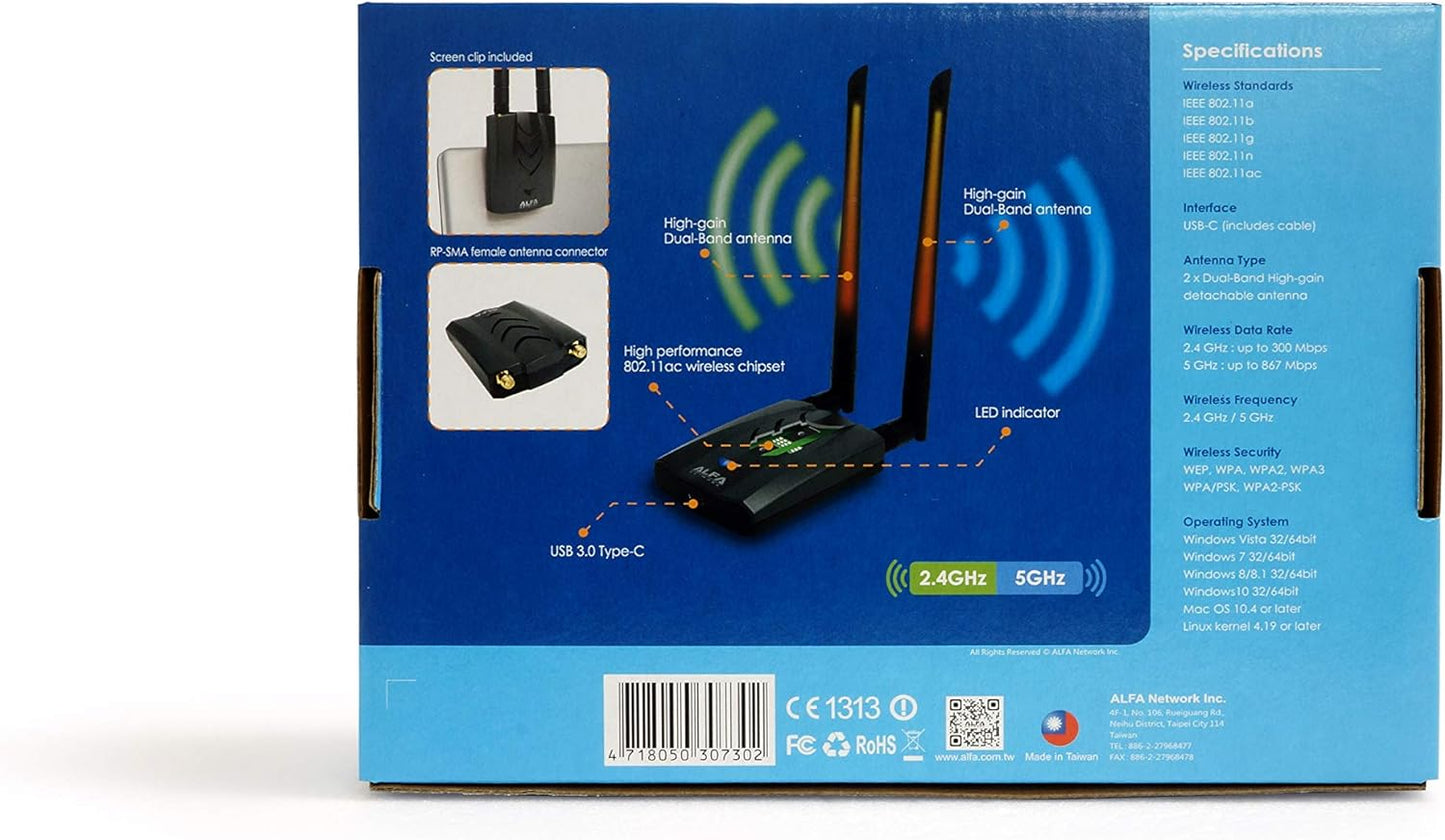 【New Version Type-C Wifi USB】 ALFA AWUS036ACH Long-Range Dual-Band AC1200 Wireless Wi-Fi Adapter W/2X 5Dbi External Antennas – 2.4Ghz 300Mbps/5Ghz 867Mbps – 802.11Ac & A, B, G, N