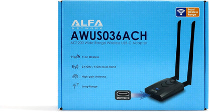 【New Version Type-C Wifi USB】 ALFA AWUS036ACH Long-Range Dual-Band AC1200 Wireless Wi-Fi Adapter W/2X 5Dbi External Antennas – 2.4Ghz 300Mbps/5Ghz 867Mbps – 802.11Ac & A, B, G, N