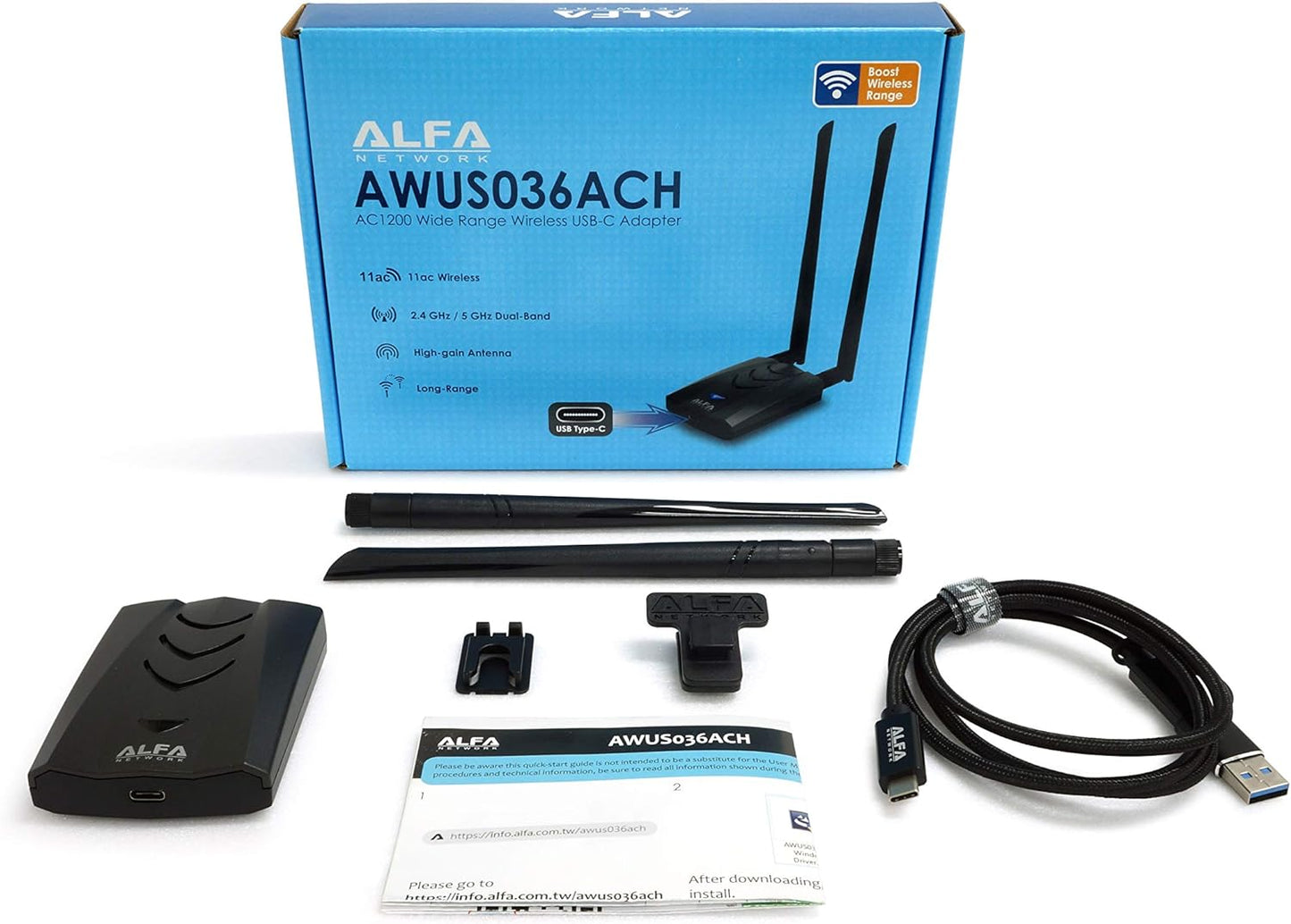 【New Version Type-C Wifi USB】 ALFA AWUS036ACH Long-Range Dual-Band AC1200 Wireless Wi-Fi Adapter W/2X 5Dbi External Antennas – 2.4Ghz 300Mbps/5Ghz 867Mbps – 802.11Ac & A, B, G, N