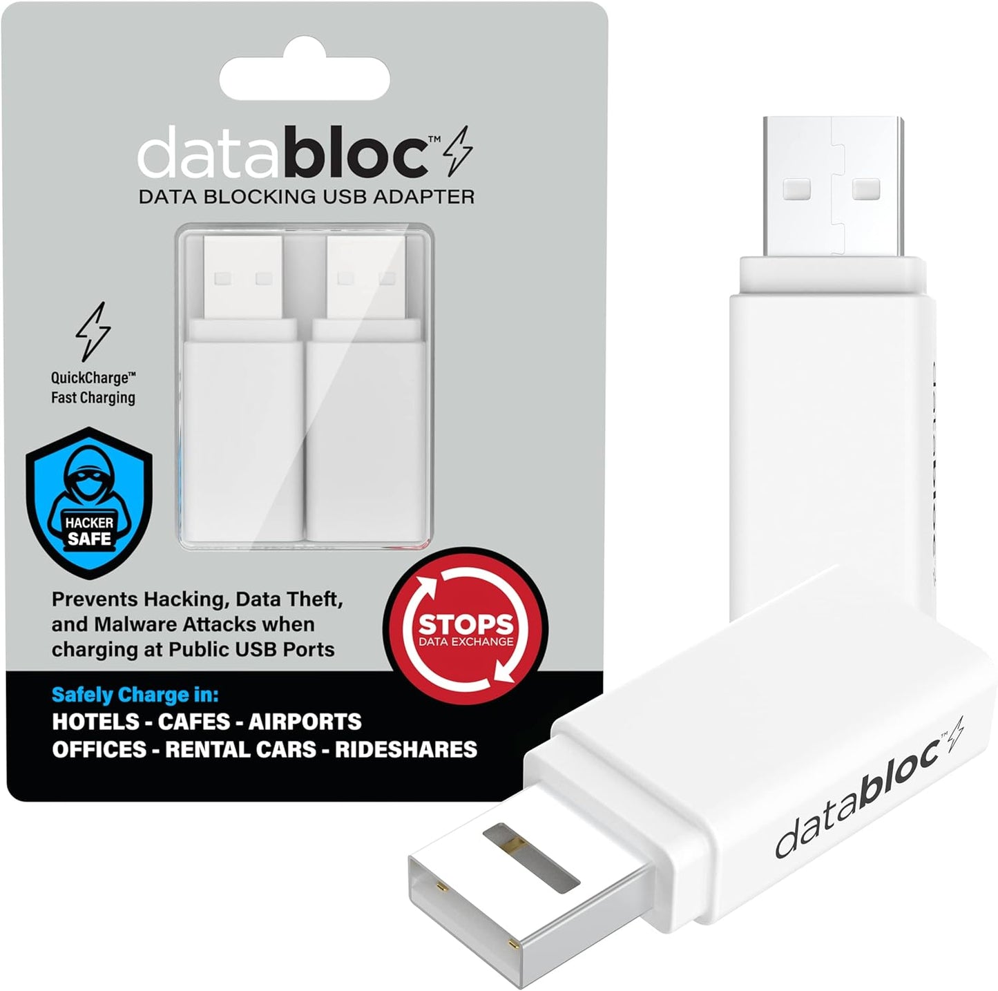 Databloc USB Data Blocker Adapter - Hacker Safe, Enhanced Data Protection - Easy Connection, Slim Profile - 2 Pack, White